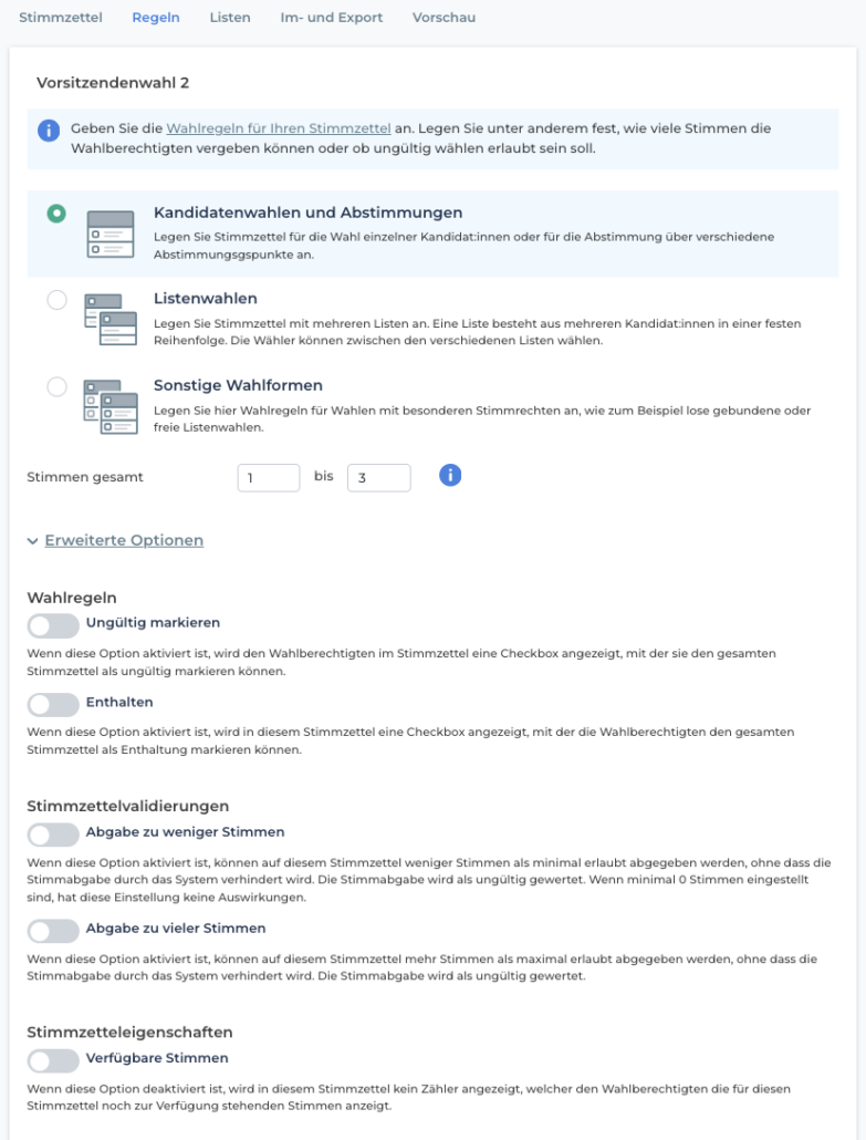 Beispiel 2: Mindeststimmen > 1, Konfigurations der Stimmzettel