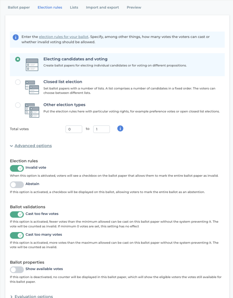 Example 1: Default configuration in the Online Voting Manager.