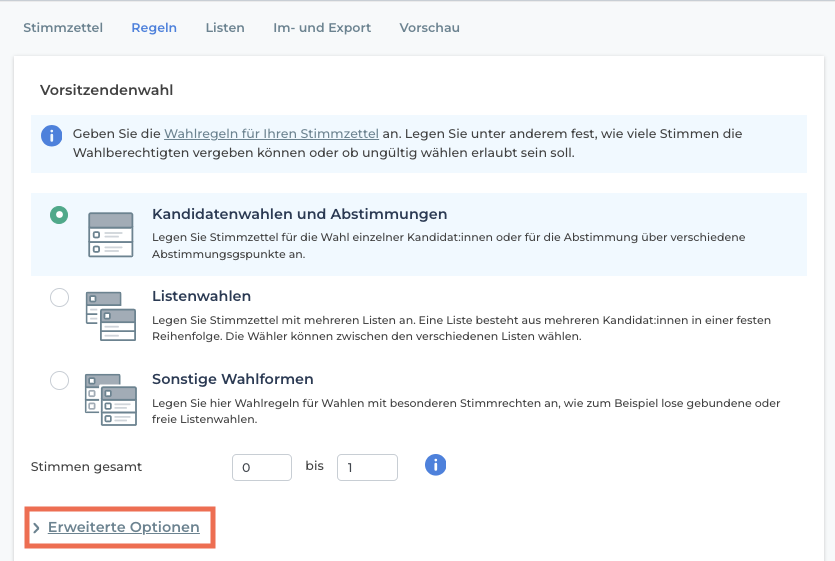 Erweiterte Optionen in den Stimmzettelregeln.