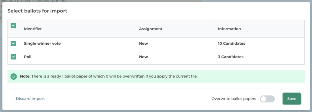 Importing ballot papers in the online election manager.