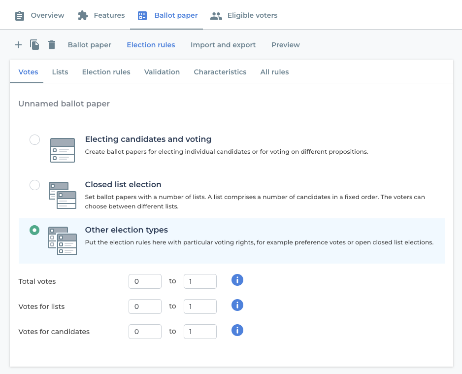 “Votes for lists” and “Votes for candidates” in POLYAS Online Voting Manager.