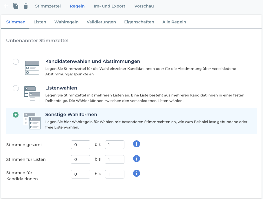 Einstellungen „Stimmen für Listen“ und „Stimmen für Kandidatinnen“ im POLYAS Online-Wahlmanager.