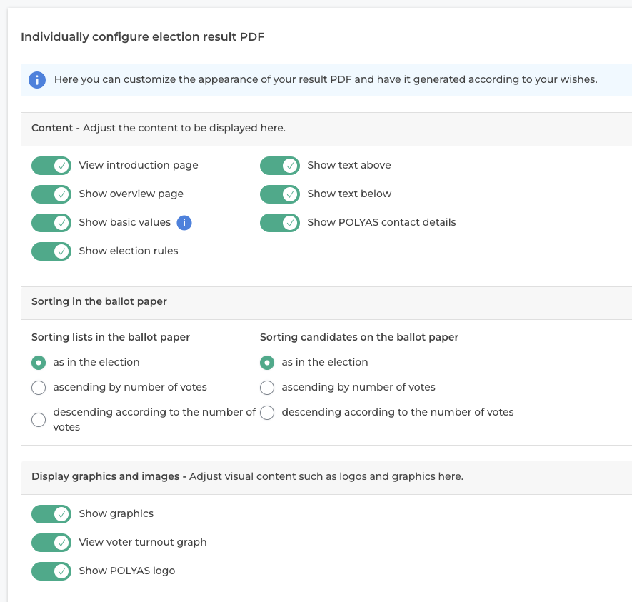 Options in the configurable election result PDF.