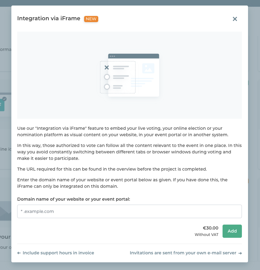 “Integration via iFrame” feature tile included in the Online Voting Manager.