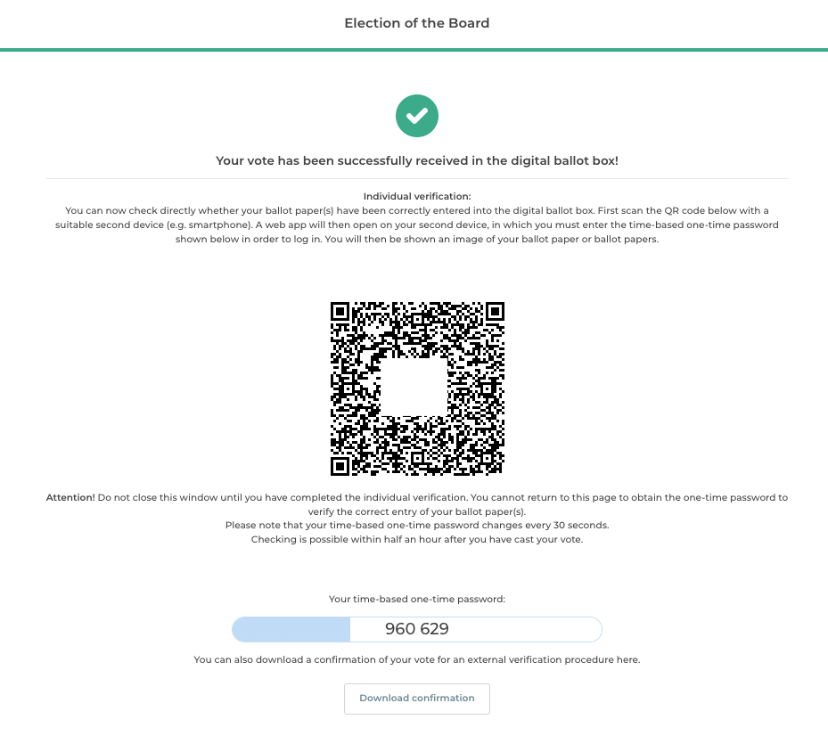 Step 5 of voting with QR code and one-time password for verification via second device.